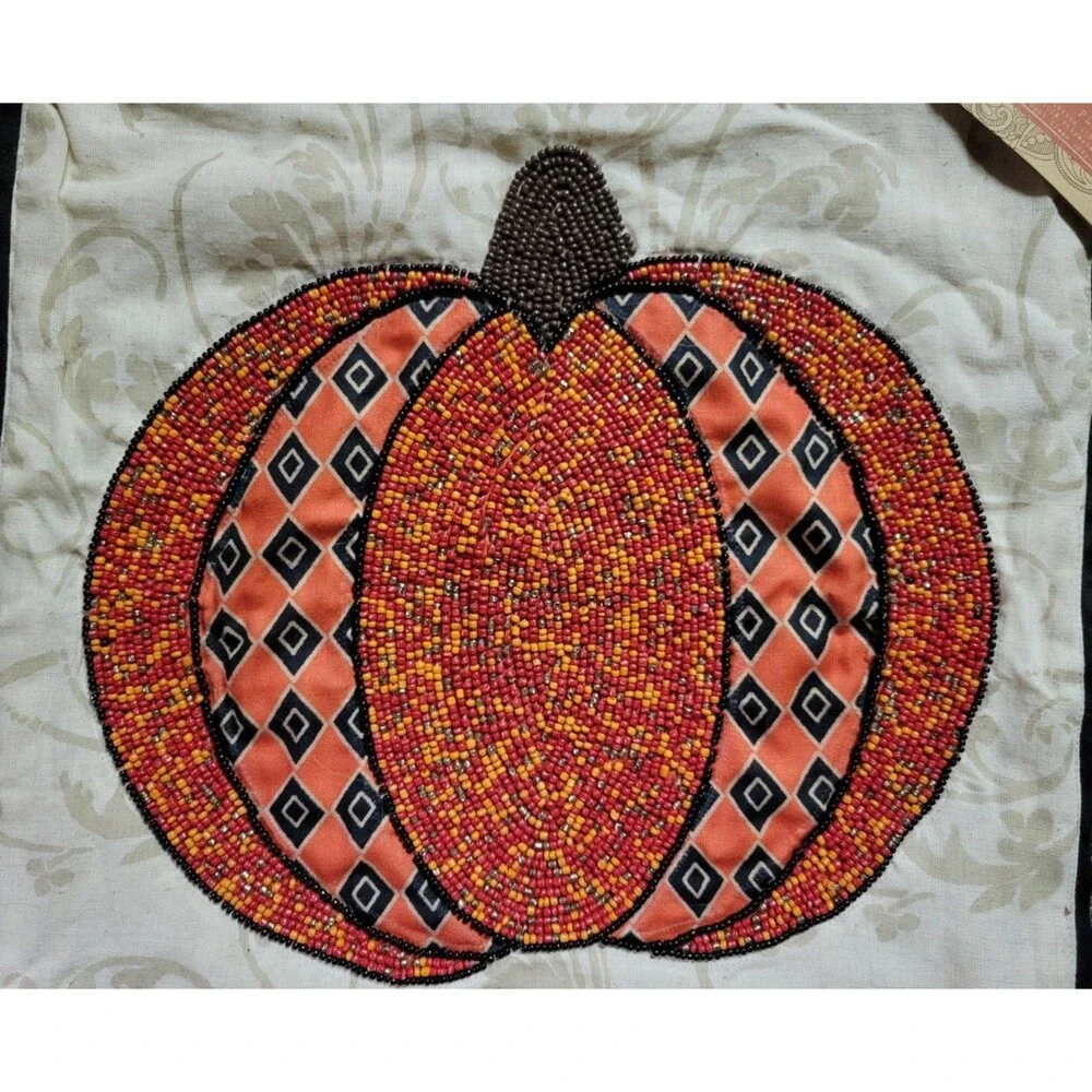 NWT Beaded Pumpkin Handmade Placemat Cotton Flax 15x15‎